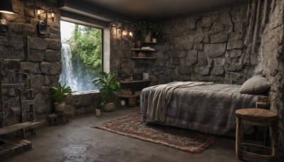 day,indoors,water,tree,pillow,book,no humans,window,bed,chair,table,sunlight,plant,scenery,couch,stairs,bookshelf,potted plant,lamp,wall,bedroom,shelf,waterfall,carpet,flower pot,barrel,rug,cabinet,cup,bottle,curtains,wooden floor,fantasy,door,brick wall