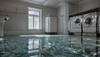 day,indoors,water,no humans,window,scenery,reflection,mirror,door,tiles,tile floor,bathroom,tile wall,toilet,kitchen,sink,faucet,reflective floor,washing machine