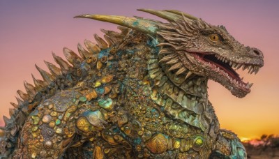 open mouth,yellow eyes,outdoors,horns,sky,teeth,no humans,fangs,robot,sharp teeth,sunset,monster,dragon,scales,orange sky,kaijuu,solo,cloud,blurry,from side,profile,spikes,gradient sky