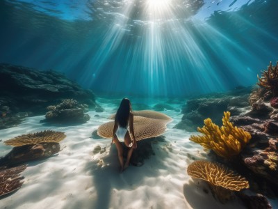 1girl,solo,long hair,black hair,swimsuit,ass,outdoors,barefoot,day,dark skin,water,from behind,dark-skinned female,one-piece swimsuit,ocean,beach,sunlight,scenery,fish,light rays,rock,underwater,sand,sunbeam,shell,swimming,turtle,footprints,freediving,coral,dress,holding,white dress,shadow