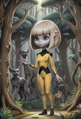 1girl,solo,breasts,smile,short hair,bangs,blonde hair,hair ornament,red eyes,brown eyes,jewelry,standing,full body,flower,white hair,small breasts,outdoors,shoes,pointy ears,artist name,signature,blunt bangs,tree,bodysuit,colored skin,animal,cat,bob cut,grass,pale skin,nature,forest,rabbit,mushroom,mouse,yellow bodysuit,leaf,deer