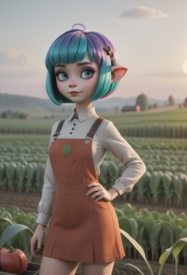 1girl,solo,looking at viewer,smile,short hair,bangs,blue eyes,shirt,hair ornament,long sleeves,dress,closed mouth,blue hair,standing,white shirt,ahoge,multicolored hair,cowboy shot,outdoors,food,sky,day,pointy ears,hairclip,collared shirt,artist name,cloud,blunt bangs,blurry,two-tone hair,hand on hip,aqua hair,gradient hair,fruit,depth of field,blurry background,watermark,freckles,apple,pinafore dress,overalls,flower,green hair,nail polish,lips,makeup,buttons,backlighting,pocket,realistic,nose,field