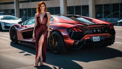 1girl,solo,long hair,breasts,looking at viewer,smile,brown hair,dress,cleavage,brown eyes,jewelry,medium breasts,earrings,nail polish,orange hair,high heels,makeup,red dress,crossed legs,ground vehicle,motor vehicle,toenail polish,car,vehicle focus,plunging neckline,sports car,red hair,walking,realistic