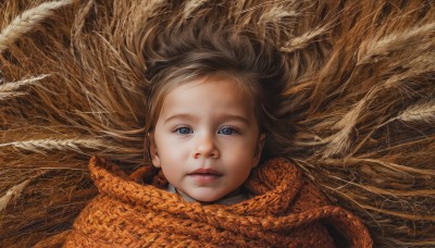 1girl,solo,long hair,looking at viewer,blue eyes,blonde hair,brown hair,parted lips,scarf,lips,floating hair,feathers,portrait,realistic,orange scarf