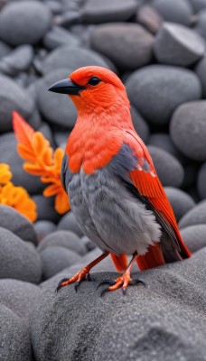 solo,standing,full body,wings,blurry,black eyes,from side,pokemon (creature),no humans,depth of field,blurry background,bird,animal,feathers,realistic,animal focus,talons,looking at viewer,closed mouth,outdoors,rock,beak