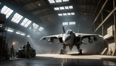 HQ,standing,weapon,multiple boys,artist name,indoors,signature,uniform,military,window,watermark,helmet,robot,ground vehicle,mecha,web address,motor vehicle,science fiction,6+boys,realistic,aircraft,military vehicle,car,airplane,light,pilot suit,vehicle focus,jumpsuit,spacecraft,soldier,jet,fighter jet,scenery,lights,pilot