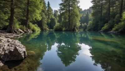 outdoors,sky,day,cloud,water,tree,no humans,sunlight,grass,nature,scenery,forest,reflection,rock,river,landscape,lake,blue sky,reflective water