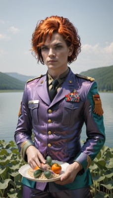 1girl,solo,looking at viewer,short hair,brown hair,shirt,long sleeves,holding,brown eyes,closed mouth,standing,jacket,cowboy shot,outdoors,food,necktie,sky,day,pants,water,orange hair,blurry,uniform,lips,grey eyes,military,military uniform,fruit,leaf,black necktie,plate,epaulettes,realistic,fork,badge,holding plate,military jacket,lake,medal,red hair,curly hair