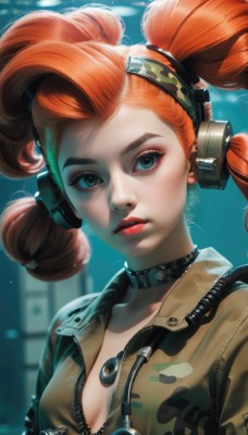 1girl,solo,breasts,looking at viewer,blue eyes,cleavage,twintails,green eyes,upper body,red hair,small breasts,choker,artist name,signature,orange hair,blurry,collar,lips,eyelashes,makeup,headphones,watermark,lipstick,eyeshadow,zipper,headset,freckles,underwater,realistic,nose,unzipped,red lips,camouflage,jumpsuit,long hair,bangs,hair ornament,medium breasts,closed mouth,jacket,aqua eyes,blurry background