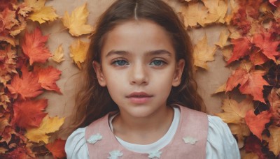 1girl,solo,long hair,looking at viewer,blue eyes,brown hair,shirt,closed mouth,white shirt,upper body,lying,parted lips,on back,lips,grey eyes,leaf,child,portrait,forehead,freckles,realistic,nose,red lips,autumn leaves,maple leaf,autumn