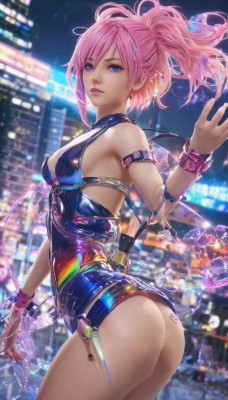 1girl,solo,long hair,breasts,looking at viewer,bangs,blue eyes,bare shoulders,jewelry,medium breasts,ponytail,pink hair,ass,cowboy shot,earrings,parted lips,shiny,belt,nail polish,blurry,bracelet,from side,leotard,lips,night,blurry background,piercing,building,blue nails,city,standing,thighs,shiny skin,car,cityscape,skyscraper,city lights