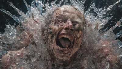 solo,looking at viewer,open mouth,1boy,upper body,male focus,teeth,water,no humans,portrait,ice,realistic,bald,old,old man,yellow eyes,tongue,black background,horror (theme)