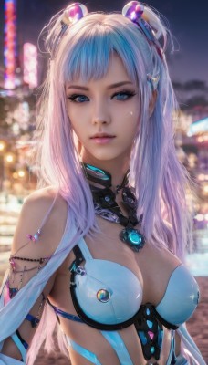 1girl,solo,long hair,breasts,looking at viewer,bangs,blue eyes,hair ornament,cleavage,bare shoulders,twintails,jewelry,medium breasts,closed mouth,blue hair,upper body,pink hair,multicolored hair,shiny,blurry,two-tone hair,lips,streaked hair,eyelashes,makeup,blurry background,realistic,nose,swimsuit,white hair,sidelocks,bikini,outdoors,night,depth of field,headgear,gem,science fiction,mascara,city lights