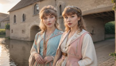 long hair,breasts,looking at viewer,bangs,blue eyes,multiple girls,brown hair,shirt,long sleeves,dress,2girls,brown eyes,jewelry,closed mouth,upper body,earrings,outdoors,parted lips,day,belt,water,necklace,blurry,lips,looking to the side,window,blue dress,siblings,sunlight,ring,own hands together,tiara,plant,sisters,building,curly hair,realistic,red lips,wall,traditional clothes,smile,standing,sky,bag,pink dress,pink skirt