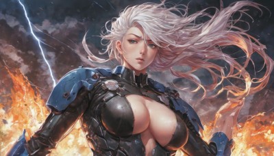 1girl,solo,long hair,breasts,looking at viewer,bangs,blue eyes,large breasts,cleavage,closed mouth,upper body,white hair,outdoors,parted lips,sky,shiny,artist name,cloud,armor,lips,clothing cutout,bodysuit,floating hair,cleavage cutout,cloudy sky,fire,wind,shoulder armor,genderswap,center opening,explosion,lightning,sparks,hair between eyes,pauldrons