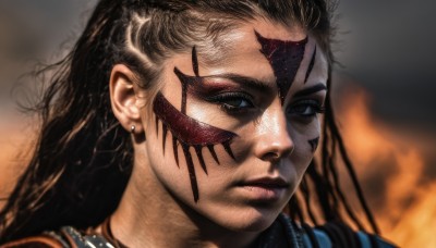 1girl,solo,long hair,looking at viewer,blue eyes,blonde hair,brown hair,black hair,jewelry,closed mouth,earrings,blurry,lips,tattoo,blurry background,scar,facial mark,fire,portrait,realistic,nose,facepaint,facial tattoo,necklace,scar on face,close-up,scar across eye