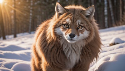 looking at viewer,brown eyes,closed mouth,outdoors,day,signature,blurry,tree,no humans,depth of field,blurry background,animal,nature,snow,realistic,animal focus,winter,whiskers,solo,sunlight,close-up,dog