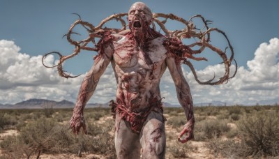 solo,open mouth,1boy,standing,male focus,cowboy shot,outdoors,sky,teeth,day,cloud,blue sky,no humans,blood,cloudy sky,grass,monster,realistic,field,extra arms,blood on hands,horror (theme),guro,eldritch abomination,tree,tentacles,veins,ribs,extra eyes