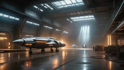 HQ,indoors,signature,water,military,no humans,window,robot,scenery,reflection,science fiction,light rays,realistic,aircraft,light,cable,spacecraft,lights,flying,military vehicle,airplane,vehicle focus,jet,cockpit,fighter jet,thrusters