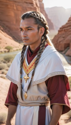 solo,long hair,brown hair,black hair,long sleeves,1boy,brown eyes,jewelry,closed mouth,standing,braid,male focus,outdoors,day,necklace,blurry,black eyes,twin braids,blurry background,facial hair,beard,robe,rock,realistic,multiple braids,1girl,upper body,short sleeves,parted lips,artist name,sash,sunlight,freckles,arms at sides,arm hair,tunic