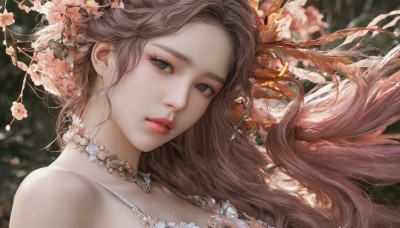 1girl,solo,long hair,looking at viewer,brown hair,hair ornament,bare shoulders,brown eyes,jewelry,flower,parted lips,hair flower,necklace,mole,blurry,lips,grey eyes,floating hair,depth of field,blurry background,portrait,realistic,upper body,artist name,eyelashes,watermark,wind,close-up,pink flower,nose