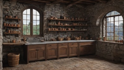 day,indoors,tree,cup,no humans,window,table,bottle,plant,scenery,wooden floor,basket,potted plant,wall,brick wall,shelf,kitchen,jar,barrel,cabinet,plate,fantasy,stone wall