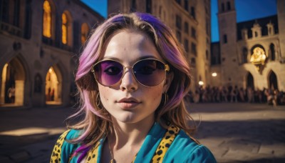 1girl,solo,long hair,looking at viewer,smile,brown hair,jewelry,closed mouth,upper body,purple hair,multicolored hair,earrings,outdoors,parted lips,solo focus,day,artist name,necklace,blurry,two-tone hair,lips,makeup,blurry background,sunglasses,blue shirt,lipstick,animal print,building,portrait,eyewear on head,forehead,eyeshadow,freckles,hoop earrings,realistic,nose,tinted eyewear,leopard print,aviator sunglasses,blue eyes,sky,city,dirty,dirty face