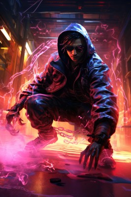 solo,looking at viewer,smile,black hair,gloves,1boy,jacket,full body,male focus,open clothes,shoes,black gloves,pants,hood,open jacket,hoodie,mask,glowing,chain,squatting,sunglasses,building,sneakers,glowing eyes,hooded jacket,claws,hood up,electricity,1girl,short hair,boots,teeth,signature,dark skin,fingernails,one knee,tinted eyewear,cyberpunk,neon lights