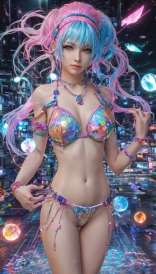 1girl,solo,long hair,breasts,looking at viewer,smile,bangs,blue eyes,navel,cleavage,twintails,jewelry,medium breasts,blue hair,standing,swimsuit,pink hair,bikini,multicolored hair,cowboy shot,hairband,earrings,parted lips,water,necklace,stomach,nail polish,bracelet,two-tone hair,lips,gradient hair,night,floating hair,side-tie bikini bottom,thigh gap,ring,building,armlet,city,realistic,print bikini,bare shoulders,closed mouth,collarbone,artist name,fingernails,watermark,beads,cityscape