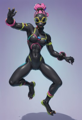 1girl,solo,breasts,looking at viewer,jewelry,medium breasts,full body,pink hair,hair bun,nail polish,bodysuit,covered navel,mask,abs,skin tight,claws,fighting stance,black bodysuit,yellow nails,black skin,neon trim,gloves,small breasts,single hair bun,latex,gas mask,latex bodysuit