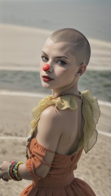 1girl,solo,breasts,looking at viewer,smile,short hair,dress,bare shoulders,jewelry,upper body,earrings,outdoors,frills,parted lips,teeth,looking back,necklace,blurry,black eyes,bracelet,from side,lips,makeup,blurry background,lipstick,freckles,beads,realistic,nose,red lips,brown dress,very short hair,bead bracelet,orange dress,grey eyes