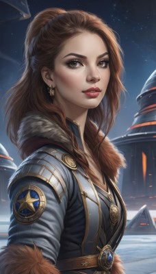 1girl,solo,long hair,breasts,looking at viewer,brown hair,brown eyes,jewelry,upper body,ponytail,earrings,outdoors,parted lips,sky,belt,artist name,signature,star (symbol),lips,coat,fur trim,eyelashes,makeup,night,lipstick,star (sky),night sky,half updo,starry sky,freckles,nose,red lips,jacket,braid,armor,watermark,snow,fur collar,realistic,badge