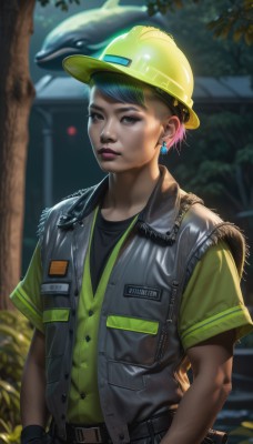 1girl,solo,looking at viewer,short hair,shirt,gloves,1boy,hat,brown eyes,jewelry,closed mouth,blue hair,upper body,pink hair,short sleeves,male focus,multicolored hair,earrings,outdoors,open clothes,black gloves,belt,pants,artist name,blurry,black eyes,vest,two-tone hair,tree,lips,makeup,buttons,blurry background,watermark,helmet,web address,pocket,realistic,nose,yellow headwear,jacket,signature,piercing,freckles,stud earrings,very short hair,leather,leather jacket