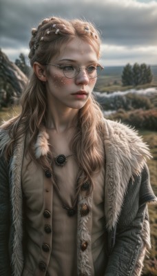 1girl,solo,long hair,breasts,looking at viewer,blue eyes,blonde hair,brown hair,hair ornament,jewelry,closed mouth,jacket,upper body,braid,earrings,outdoors,open clothes,sky,glasses,day,artist name,cloud,necklace,mole,blurry,tree,lips,coat,fur trim,buttons,depth of field,blurry background,cloudy sky,snow,freckles,realistic,nose,round eyewear,winter clothes,blush,shirt,open jacket,expressionless,forehead,curly hair