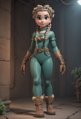 1girl,solo,long hair,looking at viewer,blue eyes,brown hair,hair ornament,gloves,twintails,jewelry,closed mouth,green eyes,standing,full body,braid,earrings,boots,belt,indoors,twin braids,flat chest,lips,bodysuit,brown footwear,thick eyebrows,plant,hair over shoulder,skin tight,buckle,brown gloves,female child,brown belt,leather,alley,leather belt,leather gloves,leather boots,artist name,hair bun,makeup,ring,green bodysuit