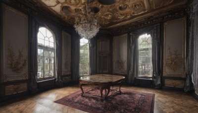 day,indoors,tree,dutch angle,no humans,window,chair,table,sunlight,curtains,scenery,wooden floor,door,candle,painting (object),carpet,candlestand,rug,chandelier,plant,architecture,fireplace