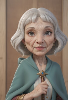 1girl,solo,looking at viewer,short hair,bangs,long sleeves,jewelry,upper body,white hair,grey hair,earrings,parted lips,blurry,black eyes,lips,grey eyes,eyelashes,capelet,blurry background,ring,old,old woman,dress,artist name,cape,watermark,web address,realistic,nose