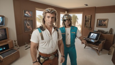 looking at viewer,brown hair,shirt,black hair,brown eyes,jewelry,standing,white shirt,weapon,short sleeves,male focus,multicolored hair,multiple boys,collared shirt,belt,pants,indoors,dark skin,2boys,necklace,uniform,vest,bracelet,tree,gun,facial hair,chair,sunglasses,dark-skinned male,box,beard,watch,realistic,palm tree,wristwatch,computer,photo (object),brown pants,police,police uniform,laptop,jumpsuit,arm hair,closed mouth,two-tone hair,streaked hair,table,helmet,goggles,television,monitor,carpet,cabinet,radio