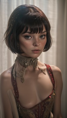 1girl,solo,breasts,looking at viewer,short hair,bangs,brown hair,black hair,cleavage,bare shoulders,jewelry,collarbone,upper body,small breasts,parted lips,blurry,black eyes,lips,grey eyes,eyelashes,bob cut,curtains,corset,freckles,realistic,nose,dress,medium breasts,earrings,teeth,choker,artist name