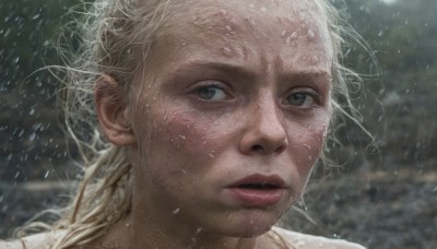 1girl,solo,long hair,looking at viewer,blonde hair,closed mouth,braid,outdoors,parted lips,artist name,blurry,lips,grey eyes,single braid,blurry background,portrait,snow,close-up,freckles,snowing,realistic,nose,eyelashes,wind,rain