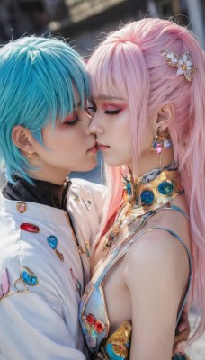 1girl,long hair,breasts,short hair,bangs,multiple girls,hair ornament,1boy,dress,2girls,bare shoulders,jewelry,medium breasts,blue hair,jacket,closed eyes,upper body,pink hair,flower,hetero,earrings,parted lips,sleeveless,hair flower,necklace,yuri,blurry,from side,lips,eyelashes,makeup,sleeveless dress,depth of field,blurry background,white jacket,couple,lipstick,kiss,gem,eyeshadow,pink lips,realistic,eyeliner,imminent kiss,blue gemstone,mascara,blush,cleavage,closed mouth,sidelocks,artist name,signature,hug,breast press,nose,symmetrical docking,asymmetrical docking,badge,button badge