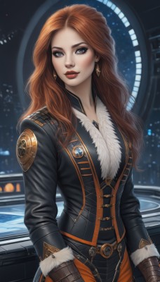 1girl,solo,long hair,breasts,looking at viewer,blue eyes,brown hair,gloves,long sleeves,jewelry,jacket,earrings,belt,orange hair,lips,black jacket,grey eyes,fur trim,makeup,night,wavy hair,lipstick,brown gloves,eyeshadow,red lips,medium breasts,closed mouth,standing,red hair,cowboy shot,artist name,necklace,fur collar,realistic,badge