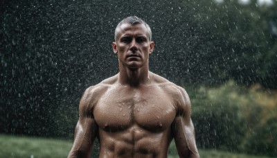 solo,looking at viewer,1boy,closed mouth,nipples,upper body,white hair,grey hair,male focus,outdoors,blurry,tree,wet,muscular,blurry background,parody,abs,pectorals,muscular male,rain,topless male,realistic,manly,old,old man,short hair,nude,dark skin,facial hair,meme,chest hair