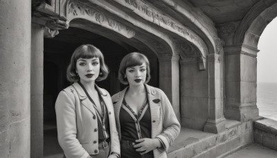 breasts,looking at viewer,short hair,bangs,multiple girls,shirt,long sleeves,2girls,cleavage,jewelry,medium breasts,standing,collarbone,jacket,monochrome,upper body,greyscale,earrings,parted lips,open clothes,belt,blunt bangs,necklace,open jacket,lips,makeup,buttons,siblings,bob cut,lipstick,pillar,arch,column,smile,open mouth,mole,hand in pocket,realistic,hands in pockets