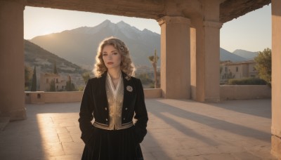 1girl,solo,long hair,looking at viewer,skirt,blonde hair,long sleeves,closed mouth,standing,jacket,outdoors,open clothes,day,black skirt,open jacket,tree,lips,black jacket,looking to the side,shadow,wavy hair,sunlight,building,scenery,curly hair,mountain,realistic,nose,hands in pockets,road,brown hair,shirt,brown eyes,white shirt,pleated skirt,sky,medium hair,grey eyes,buttons,pillar,arch