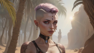 1girl,solo,breasts,looking at viewer,short hair,cleavage,jewelry,collarbone,upper body,pink hair,multicolored hair,earrings,outdoors,parted lips,solo focus,choker,tree,lips,grey eyes,tattoo,makeup,facial mark,piercing,sunlight,lipstick,ear piercing,portrait,nose,palm tree,red lips,very short hair,undercut,cyborg,mascara,standing,teeth,from behind,black choker,beach,eyeshadow,backlighting,sand,sun,eyeliner,neck tattoo,nose piercing