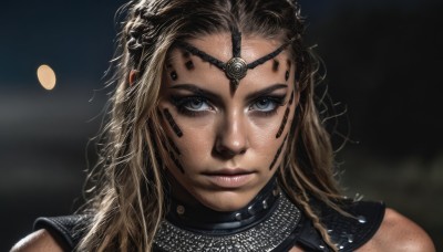 1girl,solo,long hair,looking at viewer,blue eyes,blonde hair,brown hair,closed mouth,braid,artist name,armor,blurry,lips,grey eyes,eyelashes,blurry background,moon,portrait,freckles,circlet,realistic,nose,chainmail,upper body,close-up,facepaint