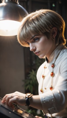 1girl,solo,looking at viewer,short hair,bangs,blue eyes,blonde hair,shirt,long sleeves,1boy,jewelry,white shirt,upper body,male focus,earrings,parted lips,belt,indoors,necklace,blurry,from side,lips,depth of field,blurry background,ring,plant,instrument,androgynous,freckles,watch,realistic,nose,music,wristwatch,potted plant,playing instrument,piano,short sleeves,eyelashes,profile,buttons,gem,backlighting,stud earrings,light,lamp