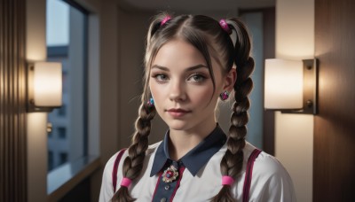 1girl,solo,long hair,looking at viewer,brown hair,shirt,twintails,brown eyes,jewelry,closed mouth,white shirt,upper body,braid,earrings,collared shirt,indoors,blurry,twin braids,lips,depth of field,blurry background,brooch,gem,portrait,freckles,realistic,nose,hair tie,door,smile,bangs,hair ornament,parted bangs,window,makeup,forehead