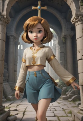 1girl,solo,looking at viewer,short hair,bangs,blue eyes,brown hair,shirt,long sleeves,closed mouth,standing,white shirt,boots,outdoors,shorts,midriff,artist name,flat chest,lips,crop top,grey eyes,feet out of frame,swept bangs,cross,child,walking,blue shorts,ruins,pillar,arch,column,breasts,navel,brown eyes,collarbone,parted lips,day,black eyes,arms at sides,stone floor